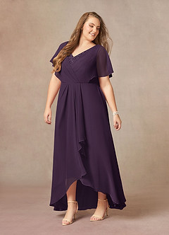 Azazie Eliza Mère de la mariée Robes Robe Trapèze en Mousseline de soie Col V plissé Prune image8