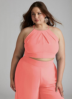 Azazie Kenzi Bridesmaid Dresses Coral Pleated Chiffon Jumpsuit image11