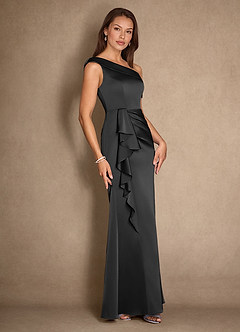 Azazie Hamptons Mother of the Bride Dresses Black A-Line Pleated Stretch Satin Dress image3