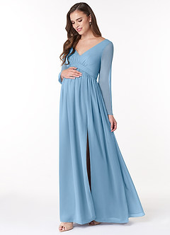 Azazie Teton Maternity Bridesmaid Dresses A-Line Long Sleeve Chiffon Floor-Length Dress image3