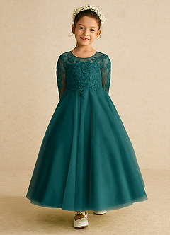 Azazie Precious Flower Girl Dresses Peacock A-Line Lace Tulle Dress image4