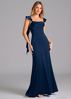 Azazie Adi Bridesmaid Dresses Dark Navy A-Line Pleated Stretch Satin Dress image5