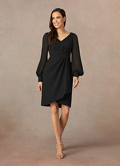 Azazie Karen Mother of the Bride Dresses Black Sheath Pleated Stretch Crepe Dress image1