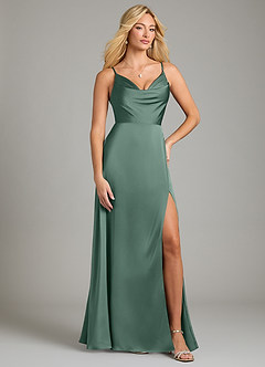 Azazie Sarella Bridesmaid Dresses Eucalyptus A-Line Pleated Stretch Satin Dress image1