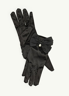 front Kurze Satinhandschuhe mit Schleife und Perlenanhänger