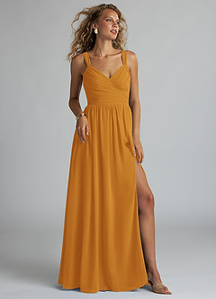 Azazie Aziza Bridesmaid Dresses Butterscotch A-Line V-Neck Pleated Chiffon Dress image1