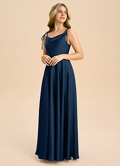 Azazie Popsy Junior Dark Navy A-Line Bow Stretch Satin Dress image4