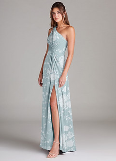 Azazie Brooke Vestidos de damas de honor Vestido de Floral Azul Polvo de Satén Elástico de Corte en A con Hombro unilateral image5