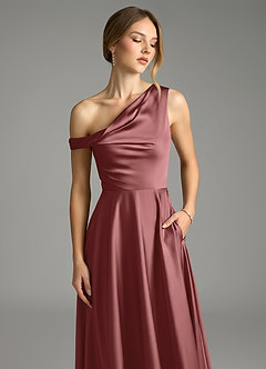Azazie Xanthe Bridesmaid Dresses Amethyst A-Line Off the Shoulder Stretch Satin Dress image5