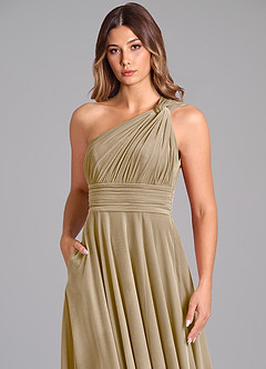 Azazie Charlize Bridesmaid Dresses Golden Tan A-Line One Shoulder Velvet Dress image6