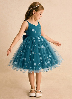 Azazie Junebug Flower Girl Dresses Ink Blue Ball-Gown Spaghetti Strap Tulle Dress image4