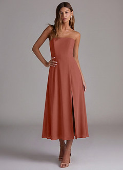 Azazie Wren 신부 들러리 드레스 A라인 스트랩리스 쉬폰 티 길이 드레스 image4