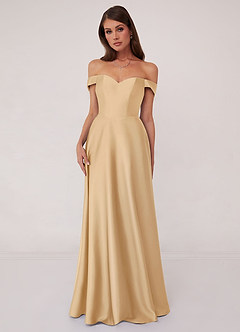 Barbie ♥ Azazie Bridesmaid Dresses Gold A-Line Off the Shoulder Stretch Satin Convertible Dress image1