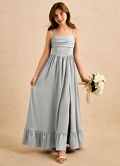 Azazie Maisie Girls Formal Robe Demoiselle D'honneur Fillette Robe Trapèze en Satin extensible Rayé Argent image1