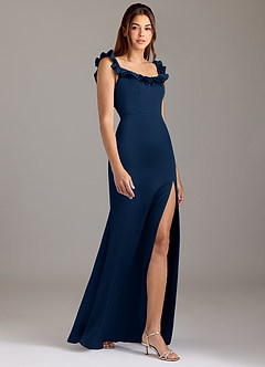 Azazie Callie Bridesmaid Dresses Dark Navy A-Line Ruched Stretch Satin Convertible Dress image4