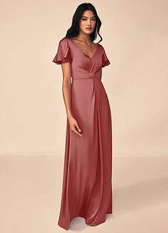 Azazie Soren Vestidos de damas de honor Vestido de Rosa Antigua de Satén Elástico de Corte en A con Plisado image4