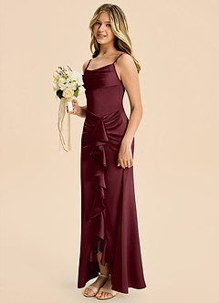 Azazie Rosalia Junior Cabernet Sheath Pleated Stretch Satin Dress image3