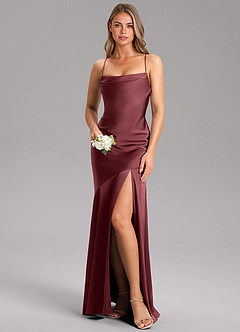 Azazie Grata Bridesmaid Dresses Merlot Sheath Side Slit Stretch Satin Dress image1