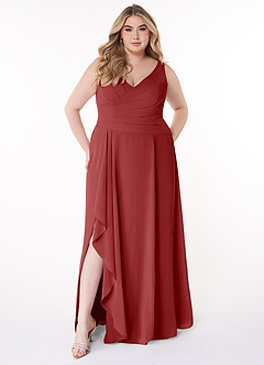 Azazie Kori Robes de demoiselle d'honneur Robe Trapèze en Mousseline de soie Plissée Rouille image6