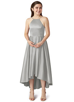 Azazie Jemima Junior Silver A-Line with Pockets Stretch Satin Dress image4