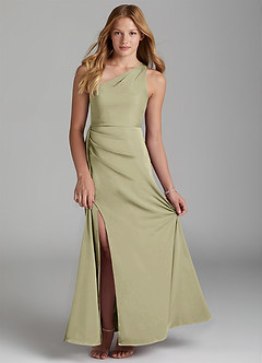 Azazie Maron Junior Pistachio A-Line Pleated Stretch Satin Dress image1