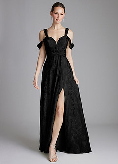 Azazie Emoria Bridesmaid Dresses Midnight Jacquard A-Line Off the Shoulder Jacquard Dress image1