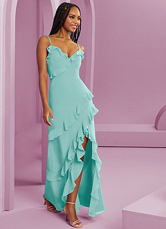 Barbie ♥ Azazie Bridesmaid Dresses Aqua Sheath Chiffon Dress image4