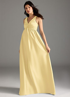 Azazie Yetta Robes de demoiselle d'honneur de maternité Robe Trapèze Plissée Longueur ras du sol Satin extensible image6