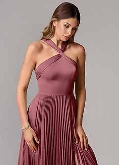 Azazie Afra Bridesmaid Dresses Desert Rose A-Line Pleated Stretch Satin Dress image5