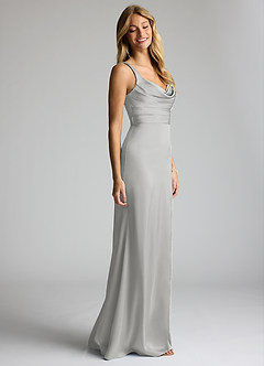 Azazie Elida Bridesmaid Dresses Silver Sheath Pleated Stretch Satin Dress image3