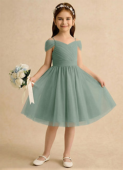 Azazie Lila Girls Formal Flower Girl Dresses Silver Sage A-Line Off the Shoulder Tulle Dress image4