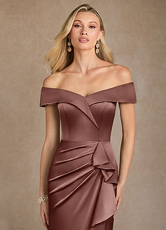 Azazie Laredo Mother of the Bride Dresses Espresso Mermaid Off the Shoulder Stretch Satin Dress image6