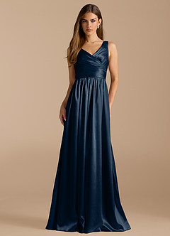 Azazie Keyla Vestidos de damas de honor Vestido de Azul Marino Oscuro de Satén Metálico de Corte en A con Plisado image1