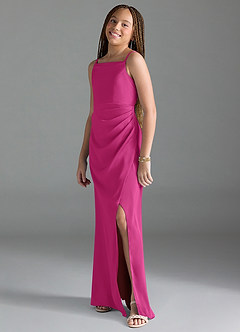Azazie Leonis Junior Fuchsia A-Line Pleated Stretch Satin Dress image4