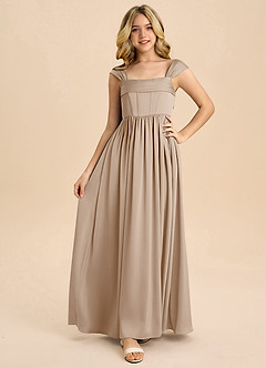 Azazie Hattie Junior Abito A-Line in Raso Elasticizzato Plissettato Taupe image5