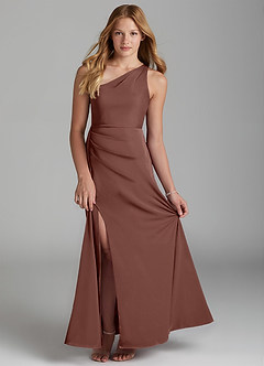 Azazie Maron Junior A-Linie Plissee Stretch-Satin Kleid Espresso image1