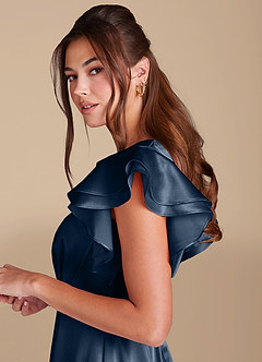Azazie Daphne Bescheidene Brautjungfernkleider A-Linie Gestreift Metallic Satin Bodenlänge Kleid image5