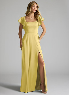 Azazie Bondi Bridesmaid Dresses Canary A-Line Bow Stretch Satin Dress image2