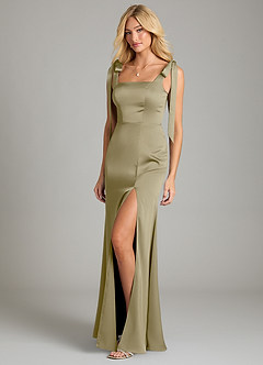 Azazie Frostine Bridesmaid Dresses Moss Green A-Line Bow Stretch Satin Dress image1