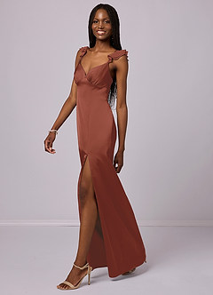 Barbie ♥ Azazie Robes de demoiselle d'honneur Robe Fourreau en Satin extensible Auburn image1