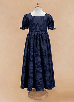 Azazie Joss Flower Girl Dresses Dark Navy A-Line with Sleeves Floral Burnout Dress image4