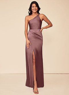 Azazie Maron Bridesmaid Dresses Vintage Mauve A-Line One Shoulder Stretch Satin Dress image1
