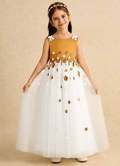 Azazie Eleni Blumenmädchenkleider Ballkleid Schleifen Tüll Kleid Elfenbein Butterscotch image4