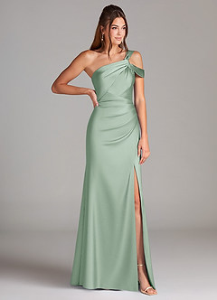 Azazie Wynter Robes de demoiselle d'honneur Robe Fourreau en Satin extensible Épaule décolletée Agave image4