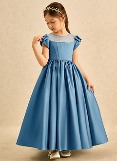 Azazie Toffee Abiti da Ragazza di Fiori Abito Stile Principessa in Raso Opaco Fiocco Blu Acciaio image4
