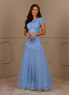 Azazie Laurie vestidos de madre de la novia Vestido de Azul Acero de Tul de Sirena con Scoop Lentejuelas image4