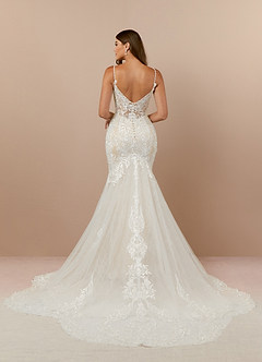 Azazie Camlynn Wedding Dresses Diamond White Champagne Mermaid V-Neck Sequins Tulle Dress image5