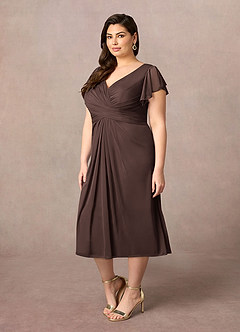 Azazie Vera Mother of the Bride Dresses Ganache A-Line V-Neck Pleated Mesh Dress image7