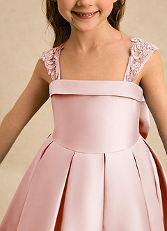 Azazie Genie Flower Girl Dresses Blushing Pink Ball-Gown Off the Shoulder Matte Satin Dress image4
