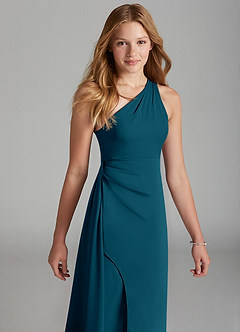 Azazie Maron Junior Ink Blue A-Line Pleated Stretch Satin Dress image3